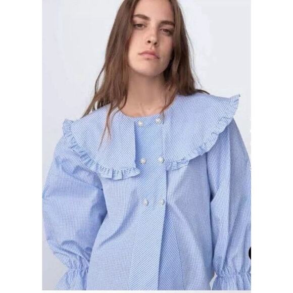 Zara Peter Pan Collar Blue White Checked Rhinestone Buttons Size Small EUC - Picture 1 of 9